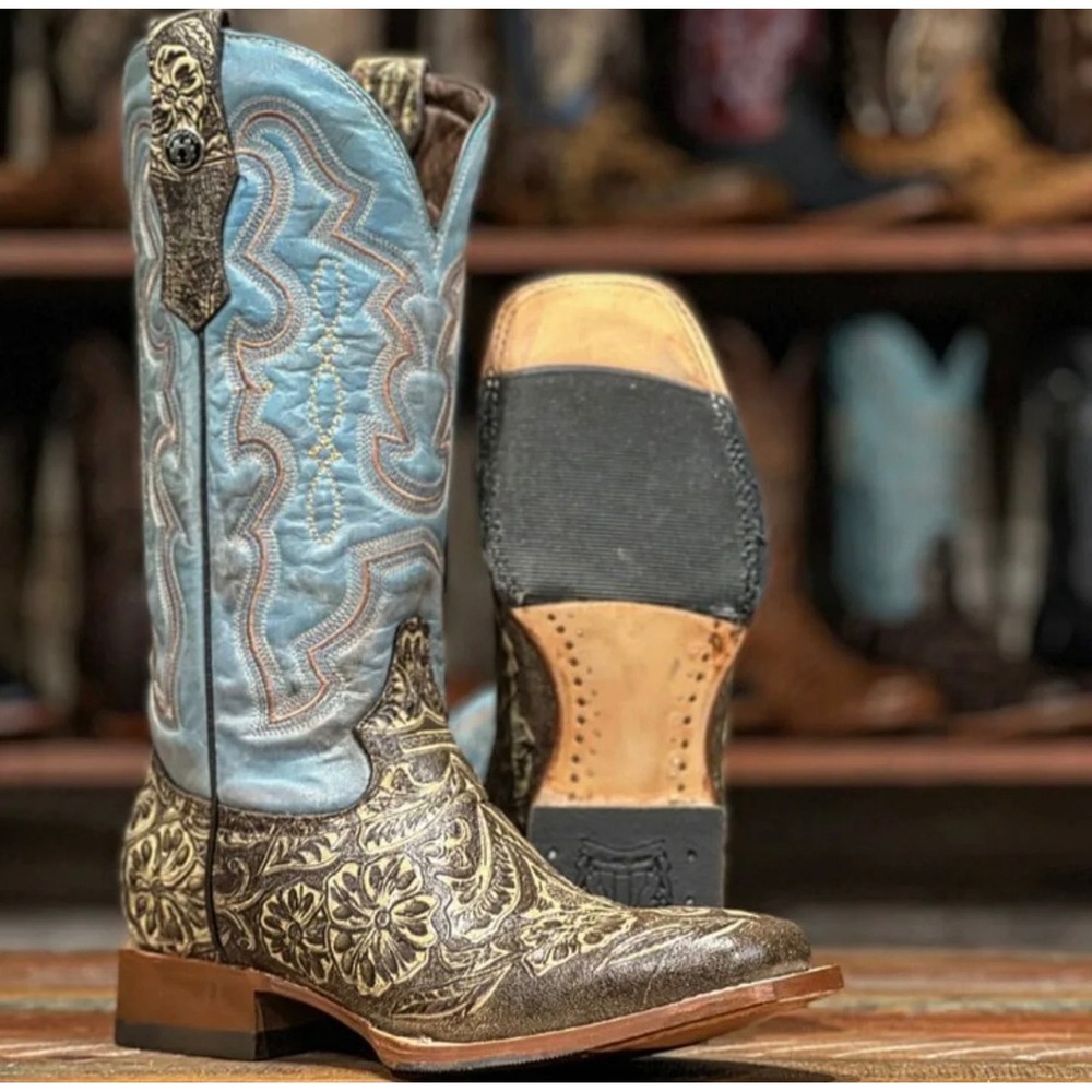 Tanner Mark Floral Embossed Western Cowboy Boots Blue Shaft Square Toe Size 7.5